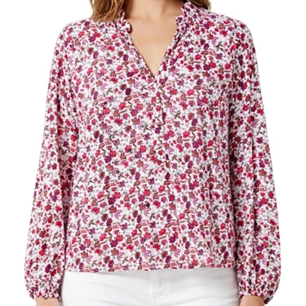 Universal Thread Womens Red Floral Split Neck Long Sleeve‎ Button Blouse Size M